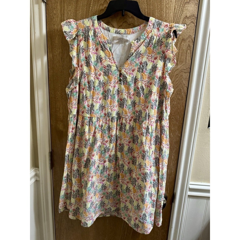 Loft Paradise Ruffle Button Dress Colorful Monkey Tiger Jungle Print Women's XL
